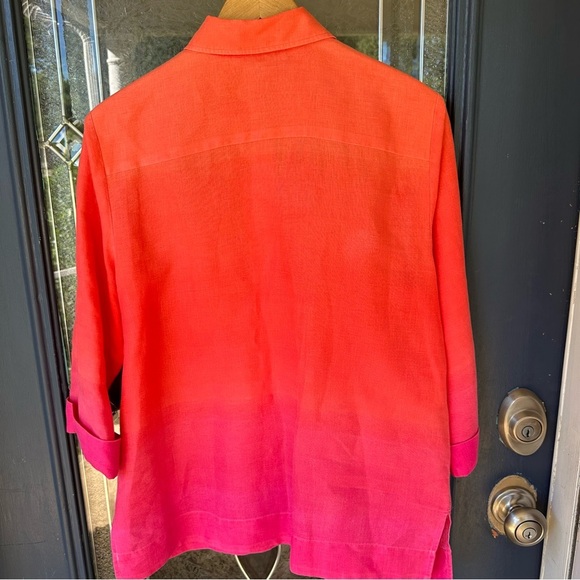 Jones New York Large Linen Orange Pink Ombré 3/4 Sleeve Button Up Gold Baggy - Picture 6 of 7